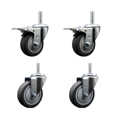 Service Caster 4 Inch Thermoplastic Rubber Swivel 34 Inch Threaded Stem Caster Set 2 Total Lock Brakes SCC-TSTTL20S414-TPRB-34212-2-S-2